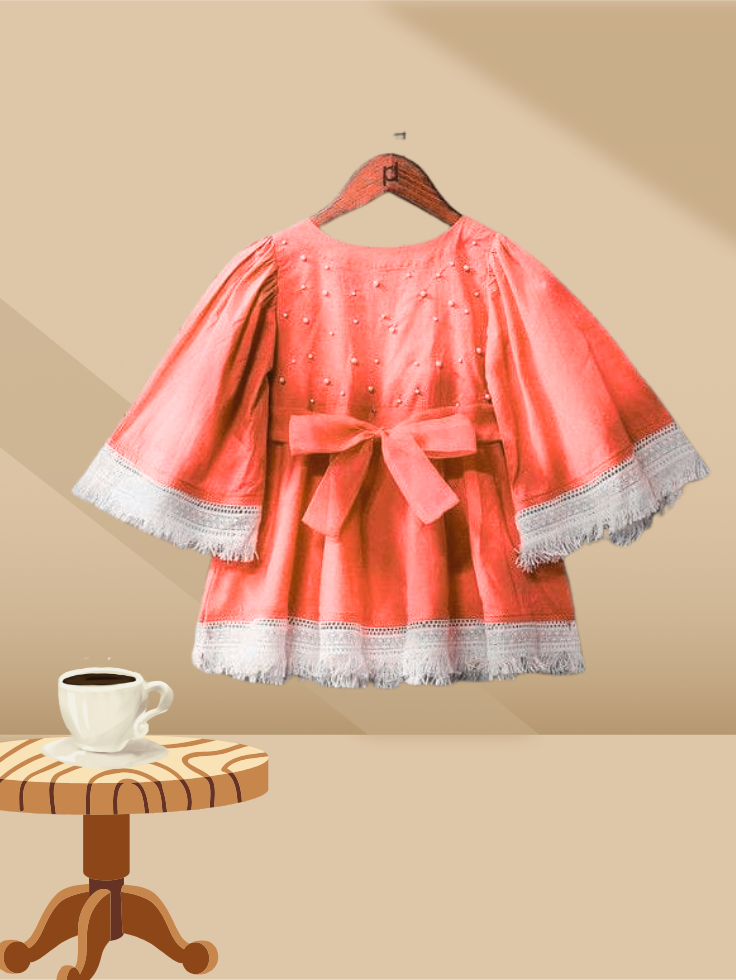 Golden Flutter Lace Dress – Girls Cotton Frock with Bow & Pearls