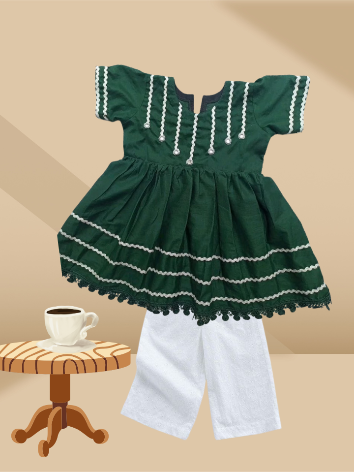 Girls Traditional Green Frock with White Palazzo – Festive Ethnic Wear Set
