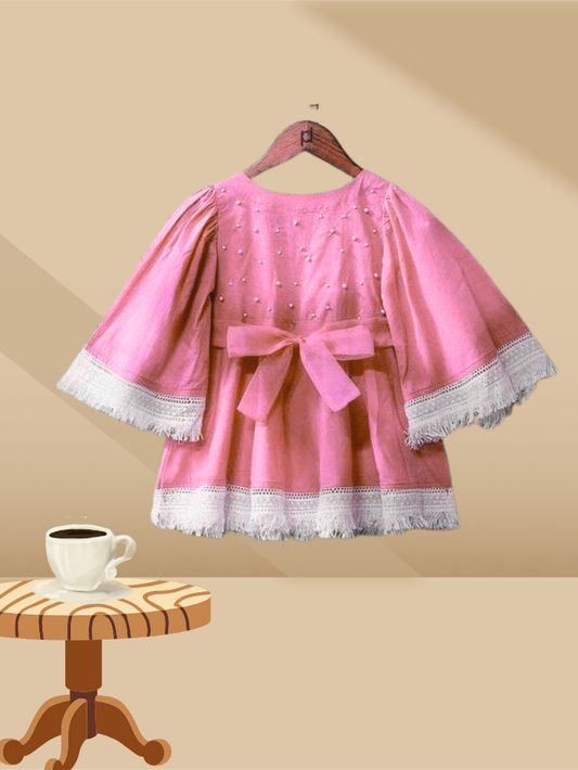 Golden Flutter Lace Dress – Girls Cotton Frock with Bow & Pearls