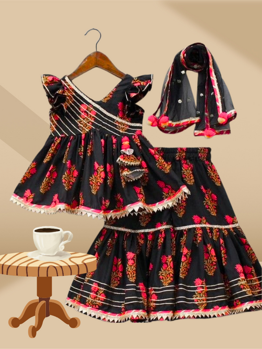 Girls Black Floral Printed sharara  Choli Set with Dupatta 3piece