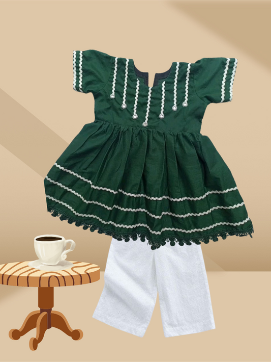Girls Traditional Green Frock with White Palazzo – Festive Ethnic Wear Set