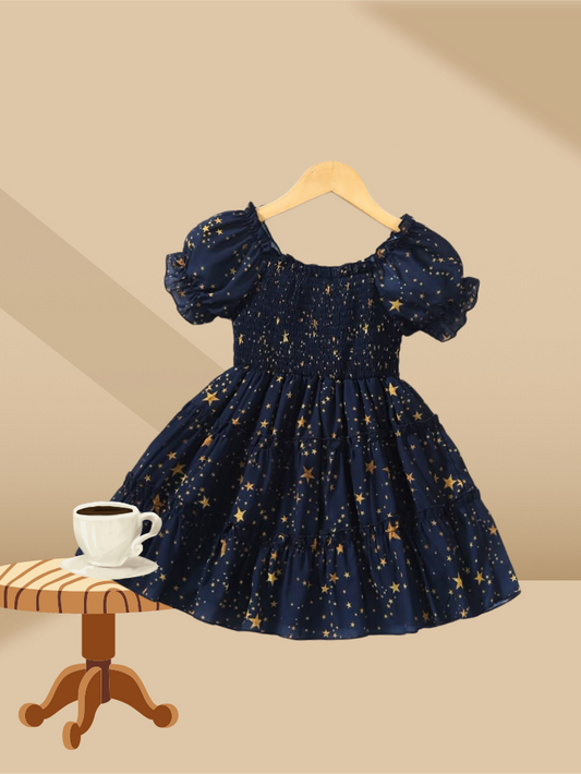 Celestial Night Puff Sleeve Dress – Starry Black Party Dress for Girl