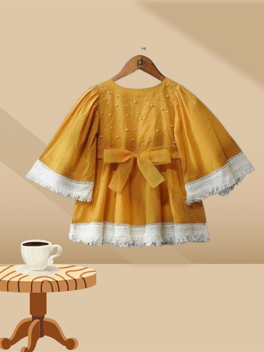 Golden Flutter Lace Dress – Girls Cotton Frock with Bow & Pearls